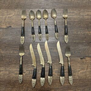 Vintage 12 Pieces MCM Siam Thailand Bronze Rose Wood Brass Tone Flatware